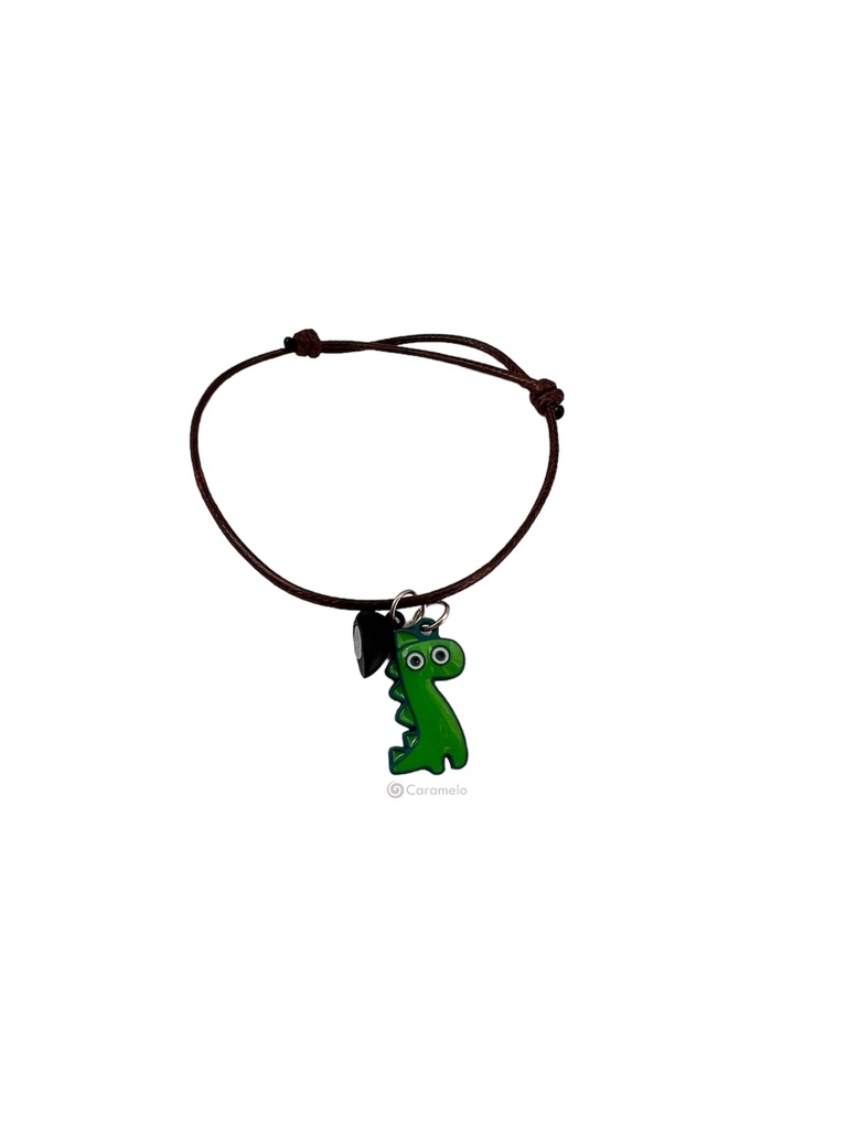 Manilla de pareja con accesorio de dinosauritos (verde y celeste). Color negro y café