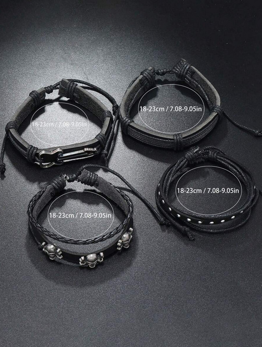 Set 4 Pulseras Negro Trenzado Con Estilo Punk Diseño De Cráneo Y Guitarra
