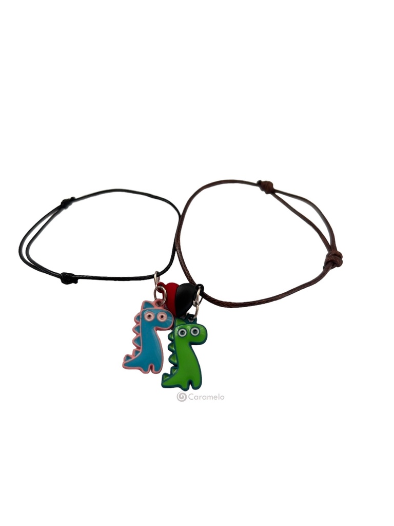 Manilla de pareja con accesorio de dinosauritos (verde y celeste). Color negro y café