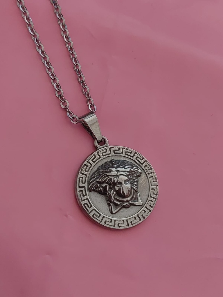 Collar replica Versace, dije redondo plateado