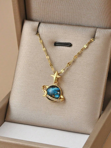 [8208] Collar Con Dije De Saturno Decorado Con Piedra De Cielo Estrellado Y Diamante, De Acero Inoxidable