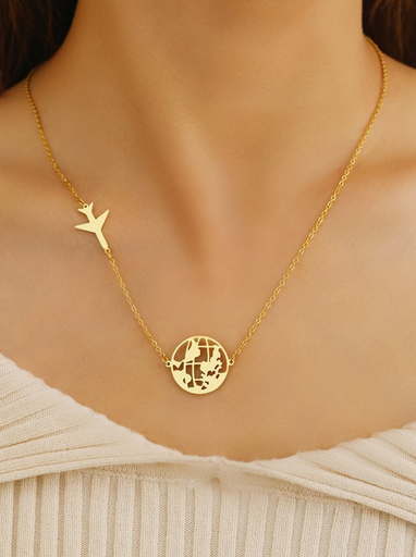 [8219] Collar dorado con dijes de avión y mapa de acero inoxidable