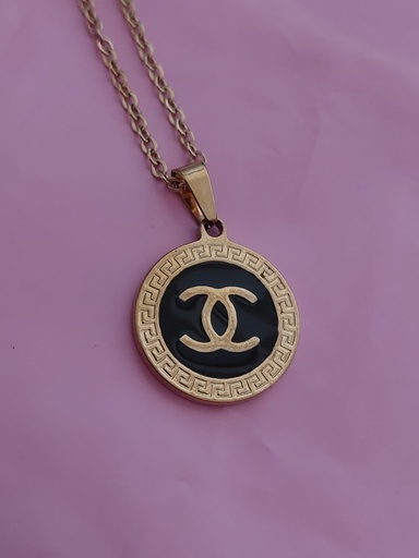 [8117] Collar replica Chanel, dije redondo dorado con negro